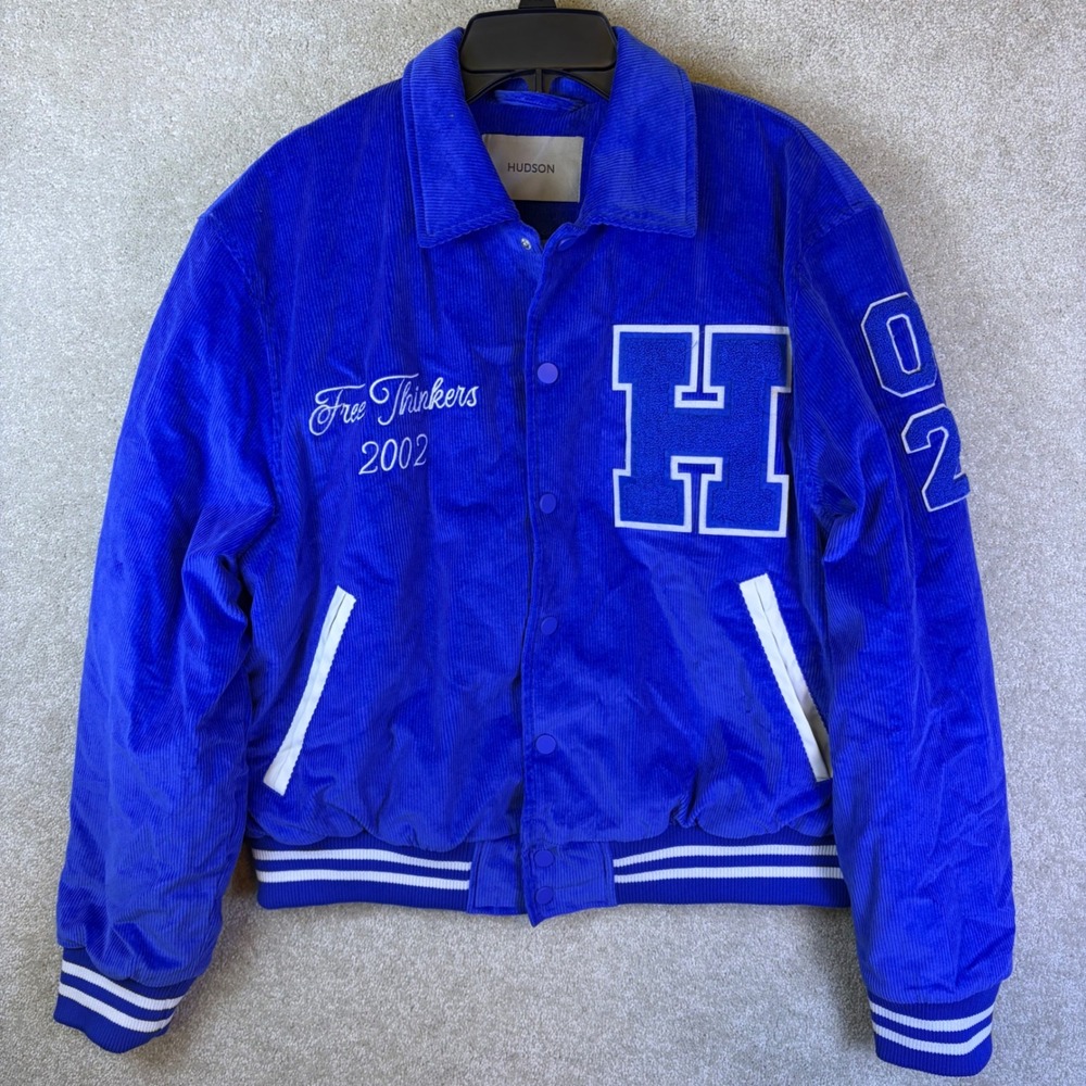 Hudson Varsity Jacket Mens Small Blue Corduroy Free Thinkers 2002 Quilted Bomber